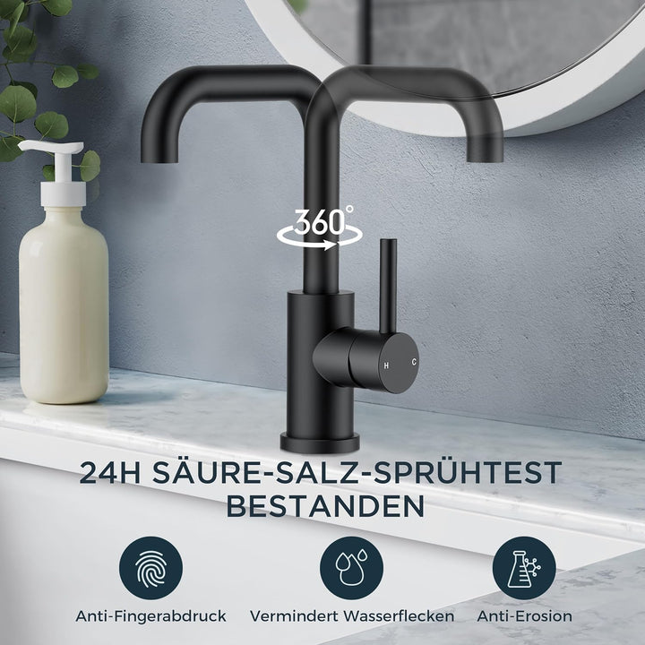 FORIOUS Wasserhahn Bad Schwarz 360° Drehbar, Waschtischarmatur Schwarz Hoch Warm/Kaltwasser Edelstah