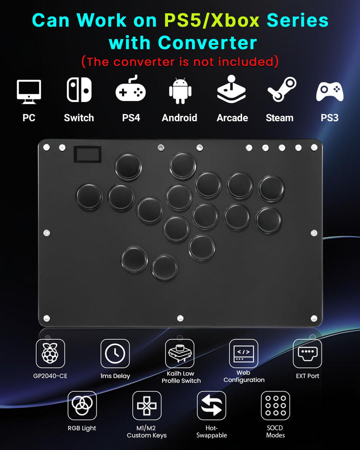Semaiki Arcade Stick, T16 Arcade Controller mit Turbo und benutzerdefiniertem RGB, Arcade Fight Stic