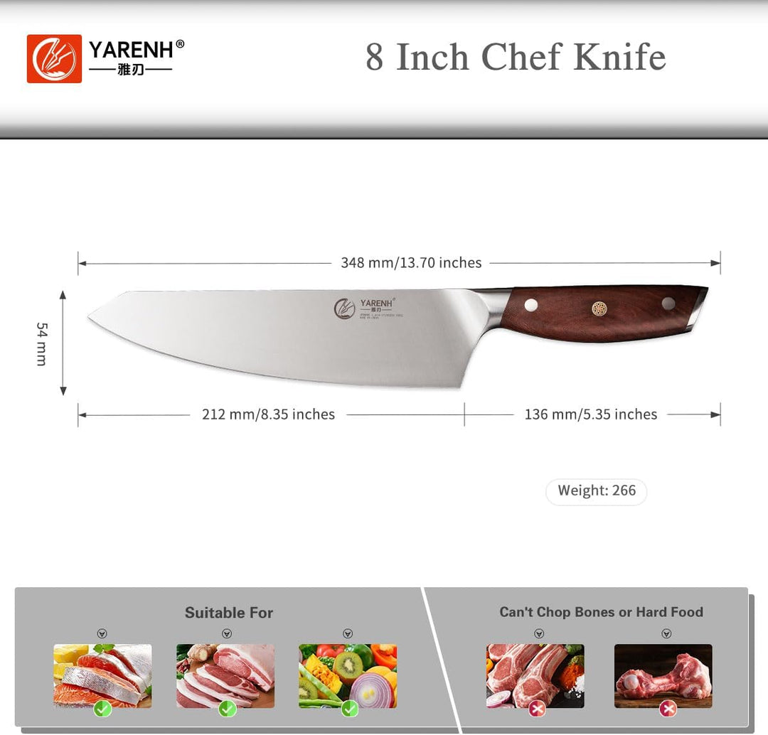YARENH Kochmesser aus Rostfreiem Stahl, Profi Chefmesser - Scharfe und Langlebige Klinge, 20 cm Klin