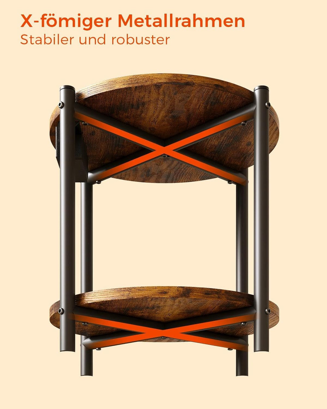 IRONCK Beistelltisch rund, Couchtisch mit Steckdose, Kleiner Tisch Holz, Wohnzimmertisch 2 Ablagen,S