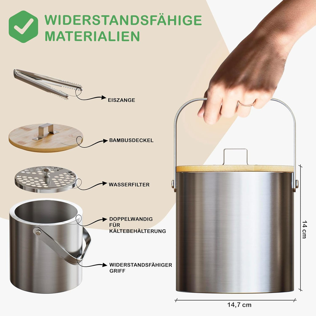 Premium Eiswürfelbehälter Mit Deckel Aus Bambus u. Zange 1,3L - Eiswürfelbehälter Gross - Eisbehälte