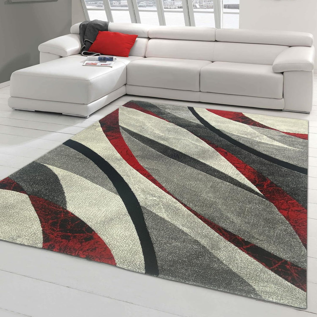 Modern-Abstrakter Konturenschnitt Wellendesign Teppich | pflegeleicht | rot grau Grösse 120x170 cm 1