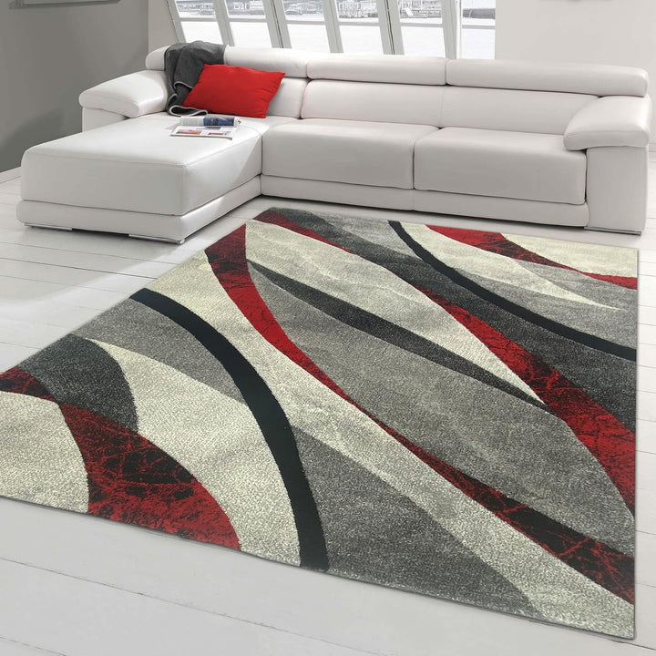 Modern-Abstrakter Konturenschnitt Wellendesign Teppich | pflegeleicht | rot grau Grösse 120x170 cm 1