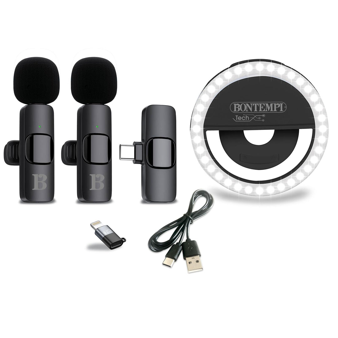 Bontempi | 2 Drahtlose Lavalier-Mikrofone mit Ring Light, Kompatibel mit Smartphone, Tablet, Laptop,