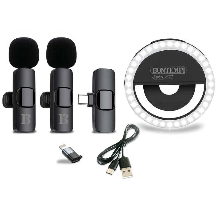 Bontempi | 2 Drahtlose Lavalier-Mikrofone mit Ring Light, Kompatibel mit Smartphone, Tablet, Laptop,
