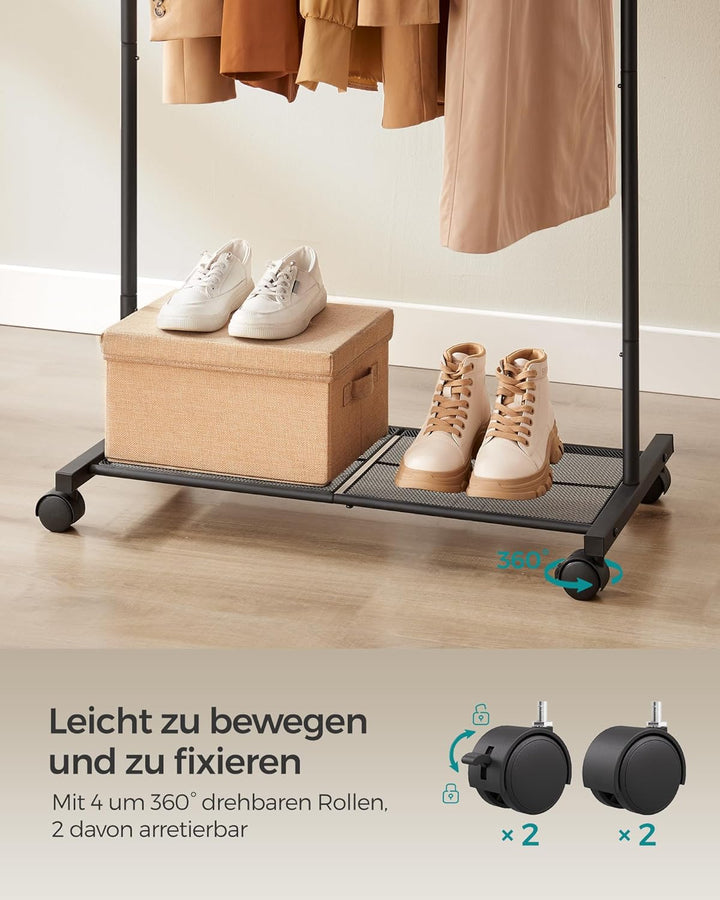 SONGMICS Kleiderständer, Kleiderstange auf Rollen, Garderobenständer 74 cm breit, Rollgarderobe mit