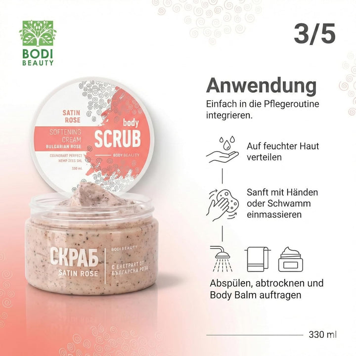 Satin Rose Body Scrub & Körperpeeling 330 ml – Korund, Kokospulver, Rosenextrakt, Sheabutter, D-Pant