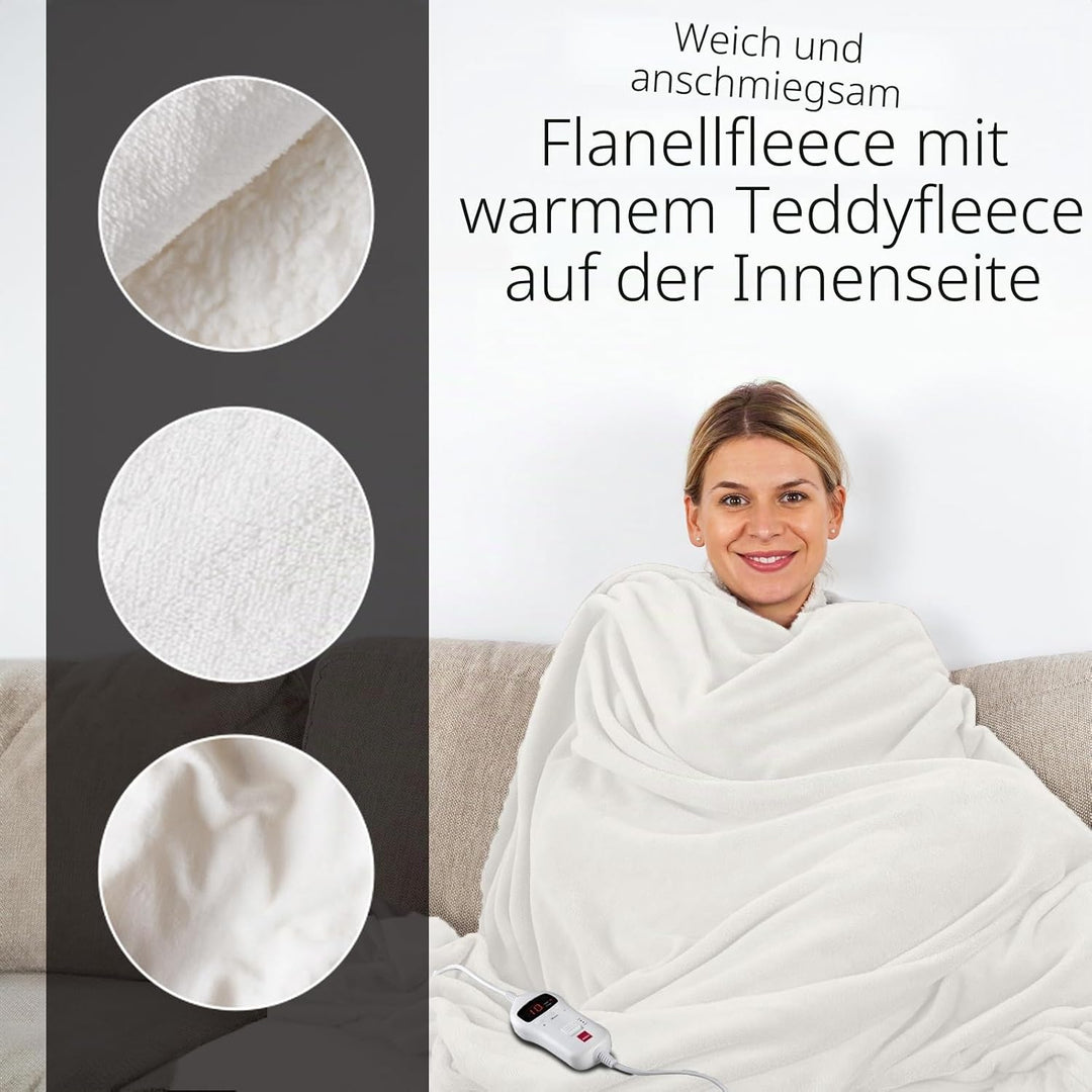 SENSIOHOME Luxus Heizdecke Creme, Elektrische Kuscheldecke aus Flanellfleece mit Teddyfleece-Innense