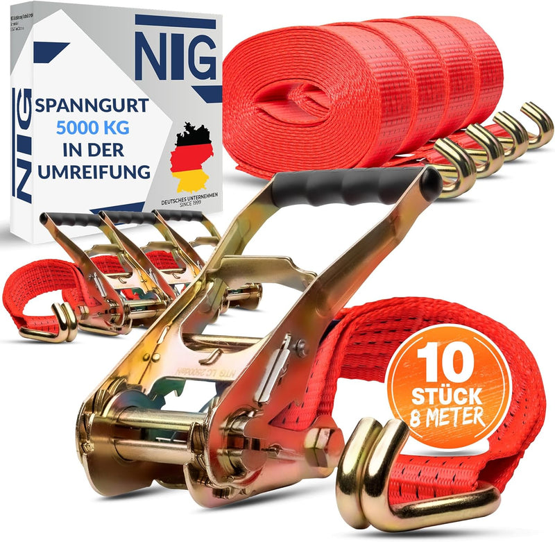 10 x Spanngurt Zurrgurte 8m 5t (2500/5000 daN KG) Zweiteilig 50mm mit Ratsche und Haken 2 teilig zwe