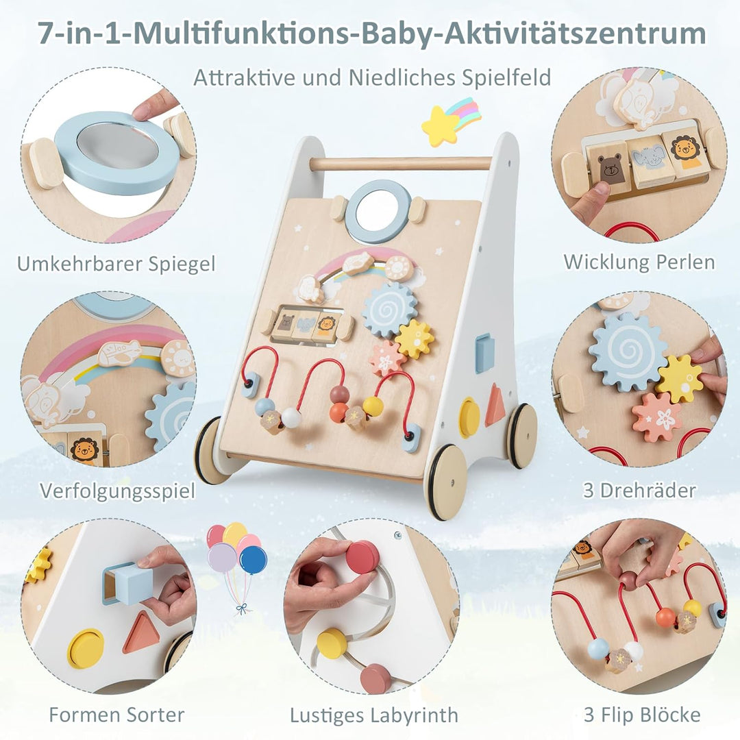 DREAMADE Lauflernwagen Holz, Lauflernhilfe ab 1 Jahr, Baby Gehhilfe mit Spiegel & Spielzeug, Gehfrei