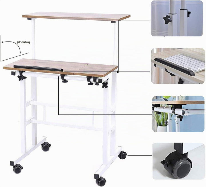 sogesfurniture höhenverstellbar Computertisch Laptoptisch mit Rollen, Mobiler Schreibtisch PC Tisch