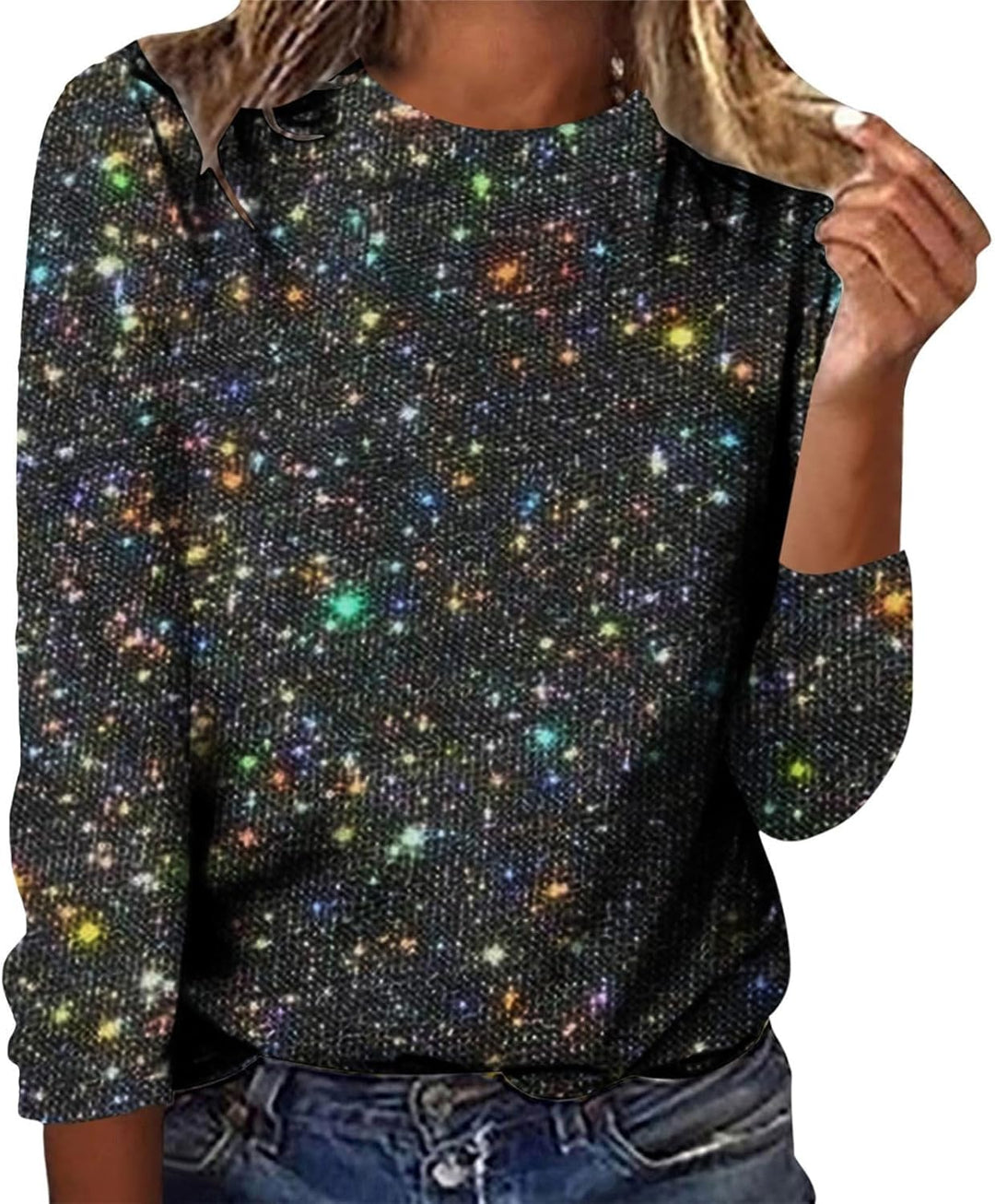 Damen Langarm Glitzer Shirt Sweatshirt-Damen Grosse Grössen Karneval Pailletten Top Frauen Tops Lang