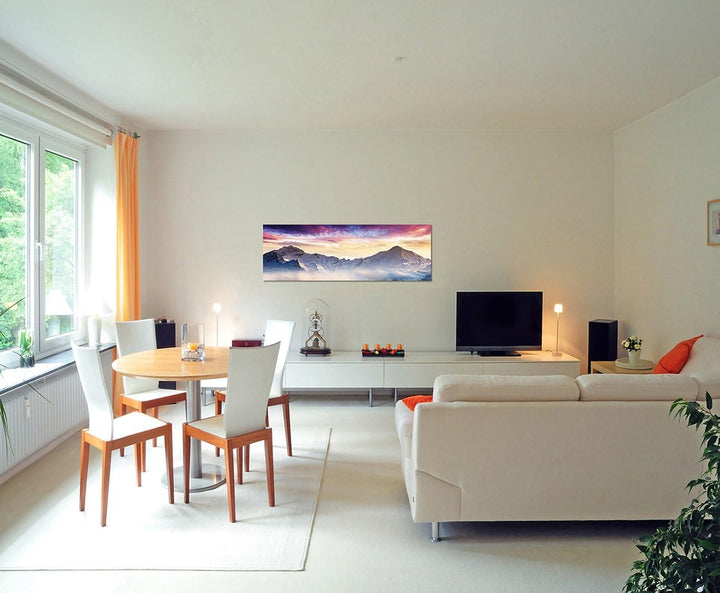 Paul Sinus Art Panoramabild auf Leinwand und Keilrahmen 150x50cm Berge Wald Schnee Nebel Abendrot