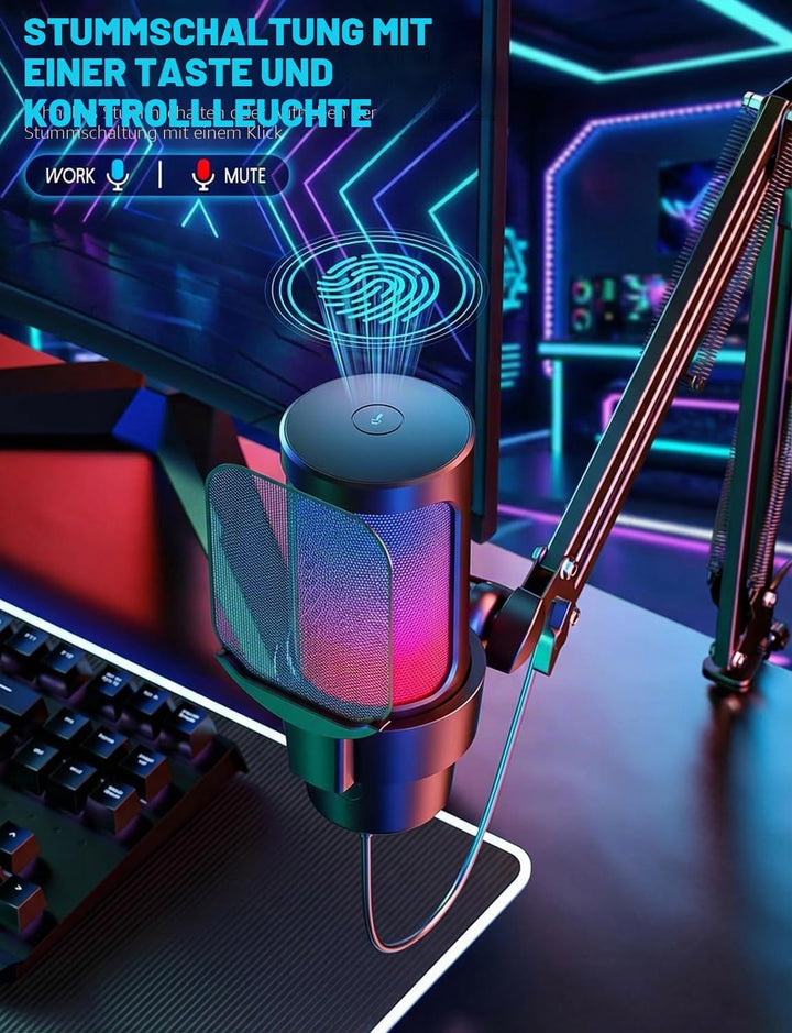 Gaming Mikrofon mit Arm Plug & Play USB Kondensator Mikrofon mit RGB Licht, Mute-Taste, Pop-Filter &