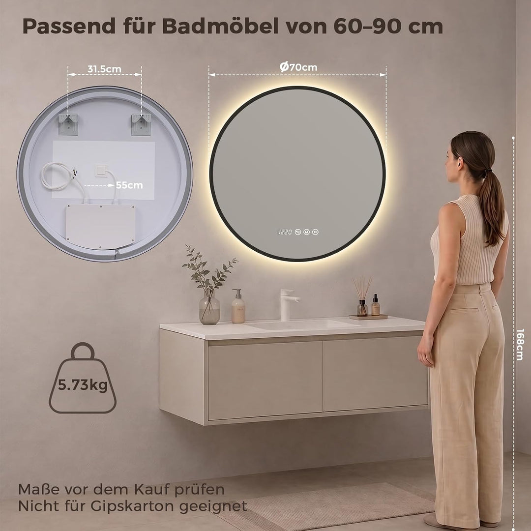 LED Badezimmerspiegel Rund Ø70 cm, Schwarzer Rahmen Schwarze Rahmenserie 70L x 70B cm, Schwarze Rahm