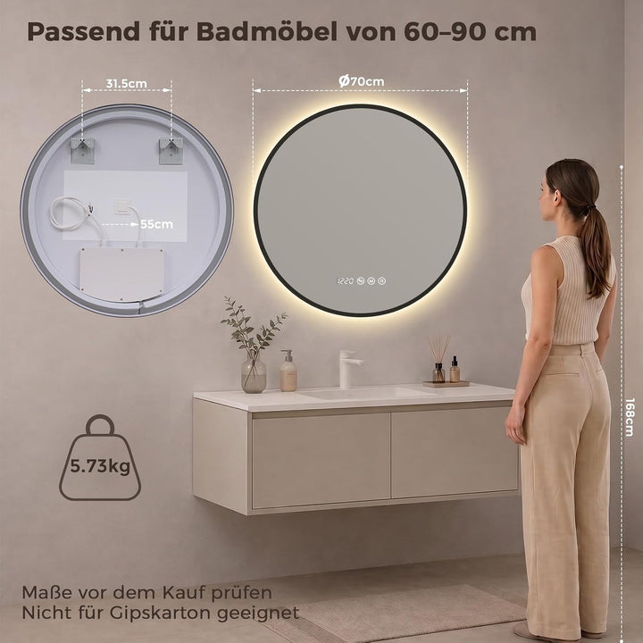 LED Badezimmerspiegel Rund Ø70 cm, Schwarzer Rahmen Schwarze Rahmenserie 70L x 70B cm, Schwarze Rahm