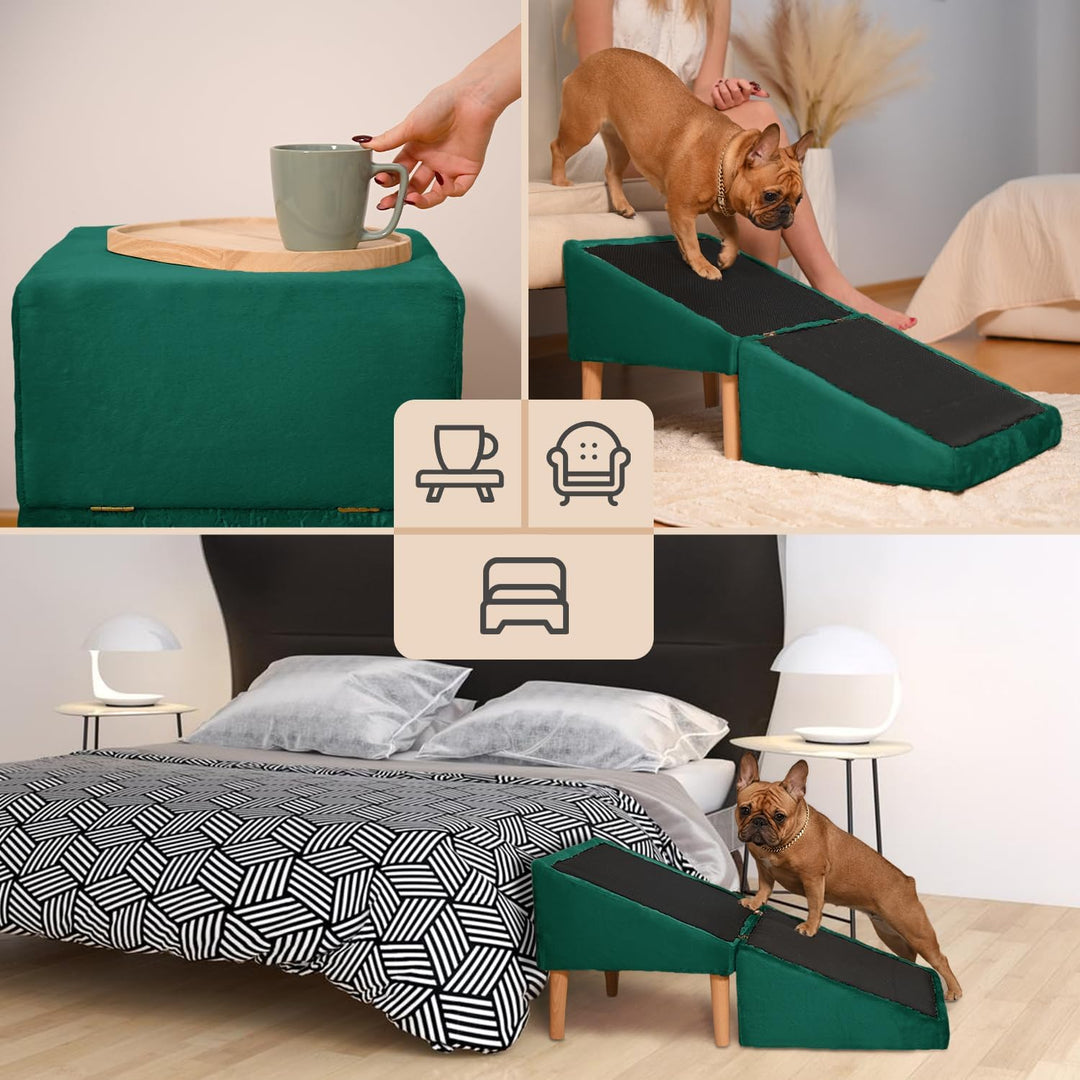 VELORA H&amp;L Hunderampe Dunkelgrün - 2in1 Hundetreppe und Sitzhocker, Klappbare Einstiegshilfe für Sof