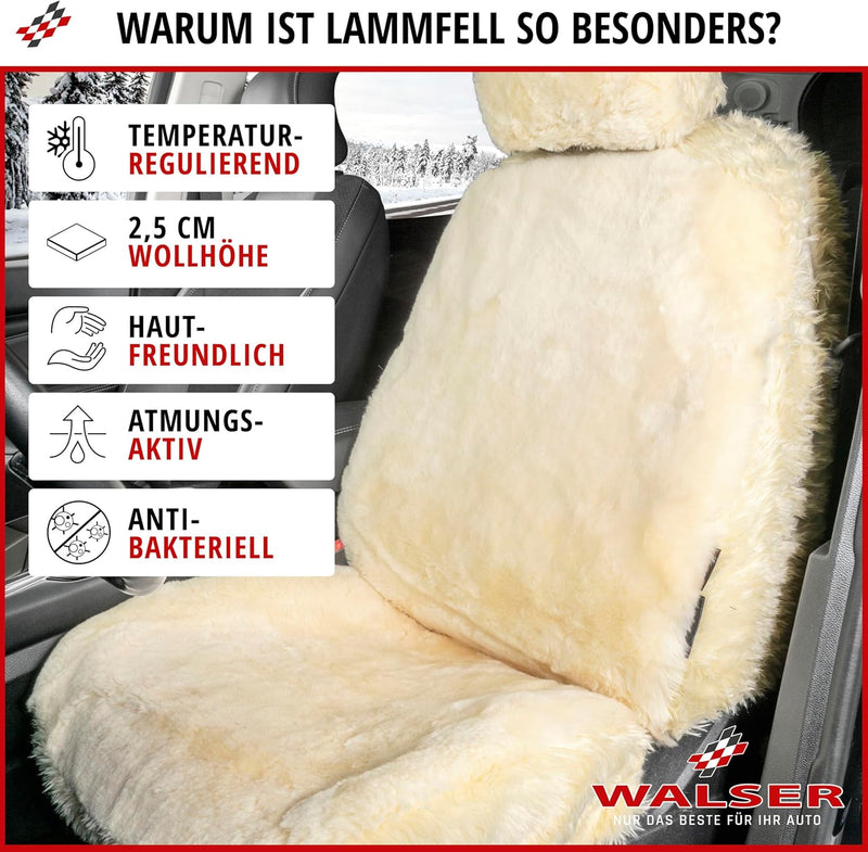 Walser Premium Lammfell Autositzbezug Maya, 100% Lammfell Sitzbezug für Auto, 1 Stück Lammfell Sitzb