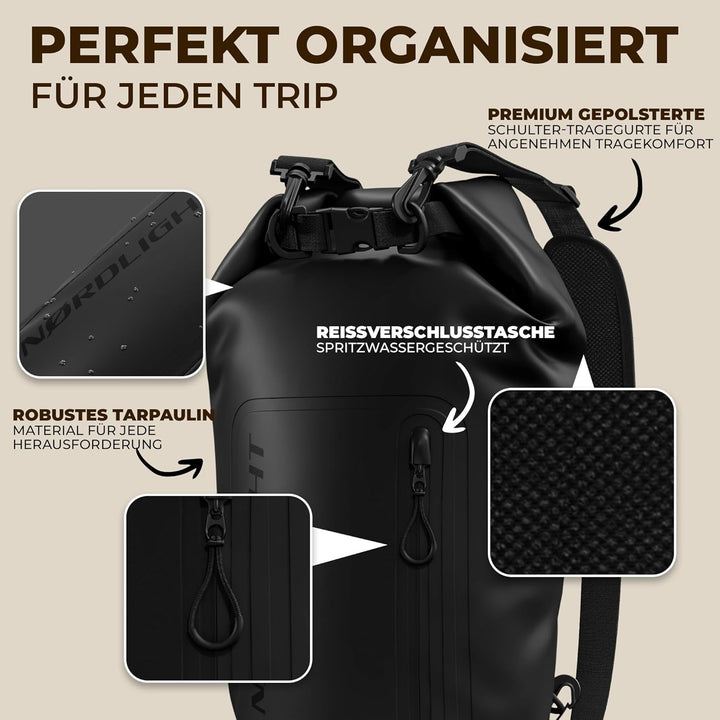 Nordlight Dry Bag wasserdichte Tasche mit Handyhülle + Roll-Top, Schultergurt | Drybag wasserfester