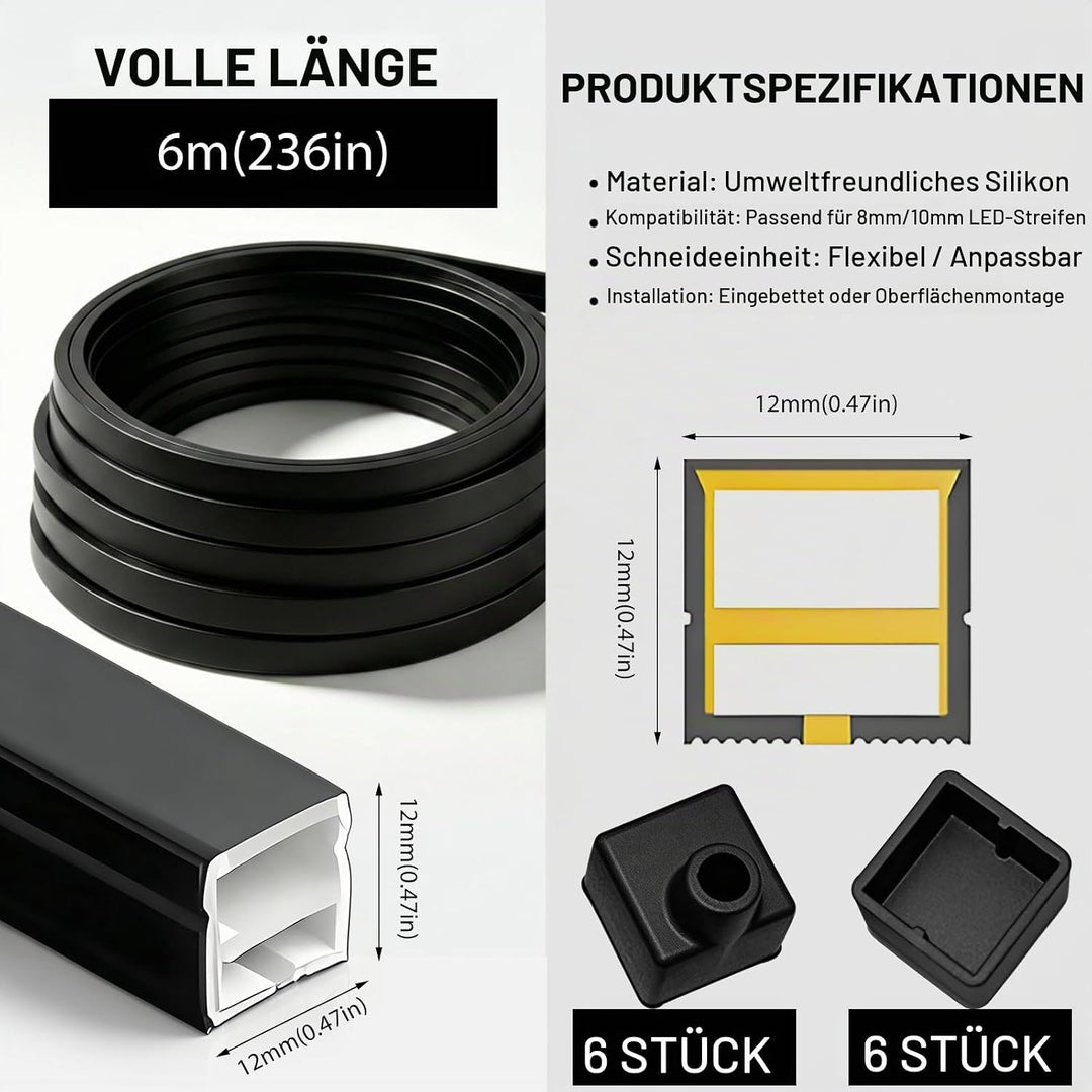 LED Profil Schwarz, LED Schiene Diffusor für Akustikpaneele Beleuchtung – 12x12mm Flexibles Silikon