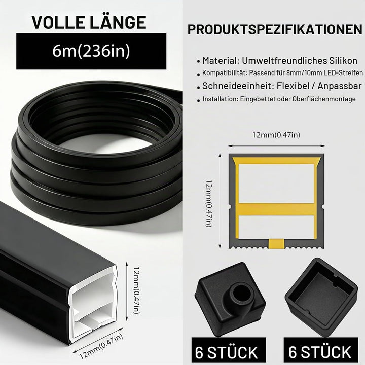 LED Profil Schwarz, LED Schiene Diffusor für Akustikpaneele Beleuchtung – 12x12mm Flexibles Silikon