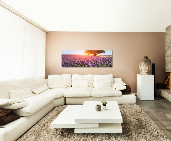 Paul Sinus Art Panoramabild auf Leinwand und Keilrahmen 120x40cm Provence Lavendelfeld Baum Sommer S