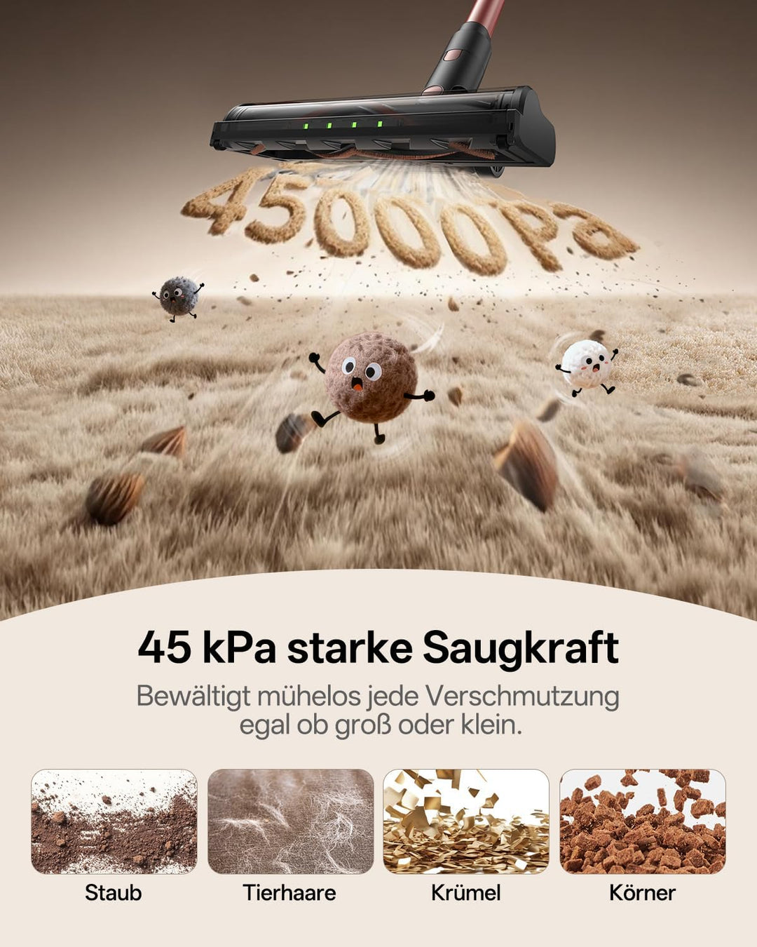 Vexilar Akku Staubsauger Kabellos 45Mins/45KPA/450W, Akkustaubsauger mit Geen LED, 6-in-1 Ultraleich