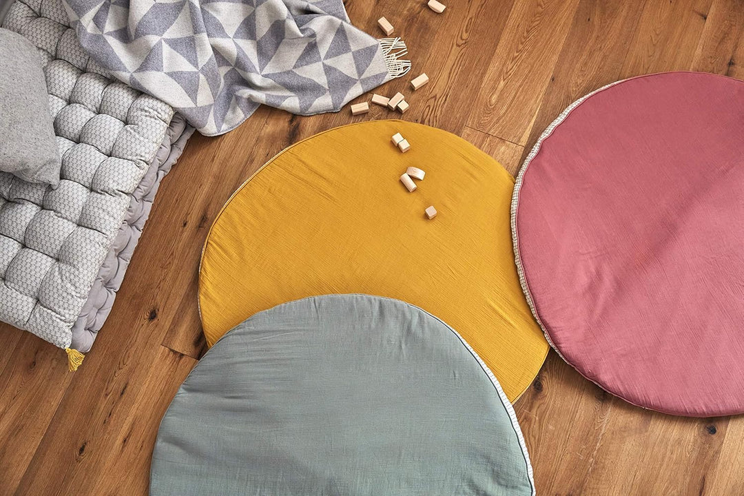 LÄSSIG Krabbel-und Spieldecke aus Muslin Bio-Baumwolle waschbar/Seat Cushion Muslin senfgelb, Senfge