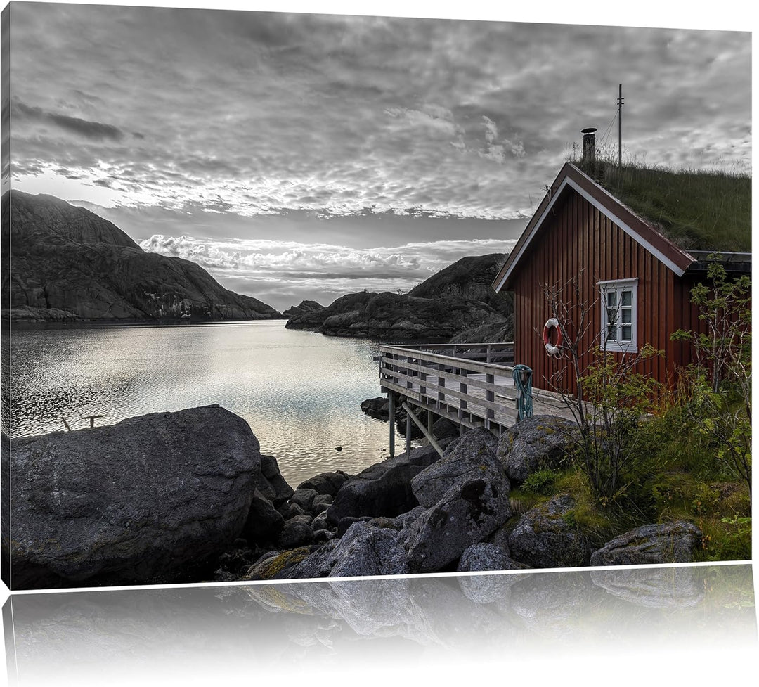 Pixxprint Sonnenaufgang am Fjord Norwegens B&W Detail, Format: 100x70 auf Leinwand, 100x70