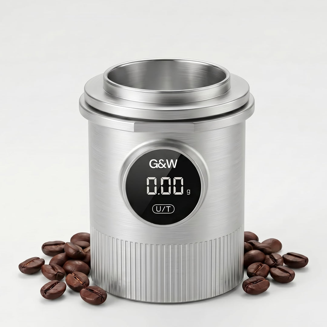 G&W Kaffee Dosing Cup Waage 58 mm, Digitale Espressowaage mit Becher, 0,05–0,1 g Genauigkeit bis 500