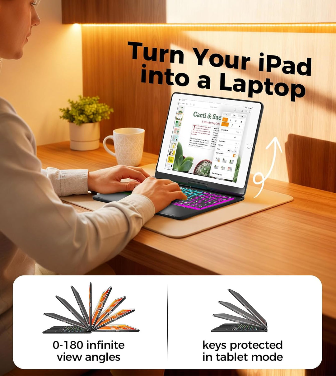 Schutzhülle für iPad 9. Generation mit Tastatur, 360° drehbar, Touchpad und 7 Farben Hintergrundbele