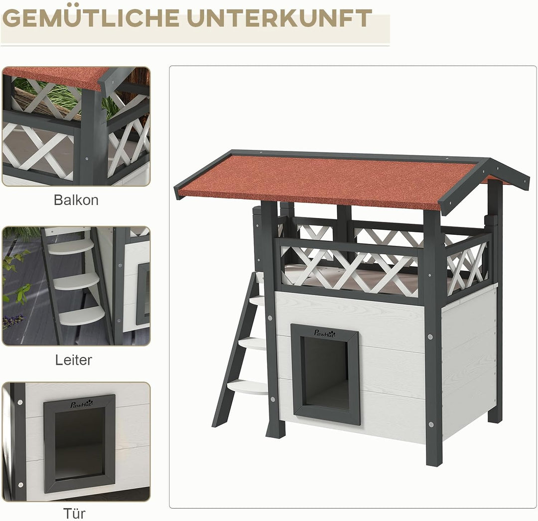 PawHut Katzenhaus aus Holz Winterfest wasserdicht Katzenhütte mit Asphaltdach Terrasse Treppe Katzen
