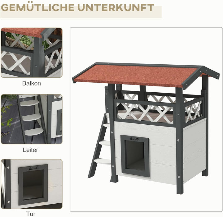 PawHut Katzenhaus aus Holz Winterfest wasserdicht Katzenhütte mit Asphaltdach Terrasse Treppe Katzen