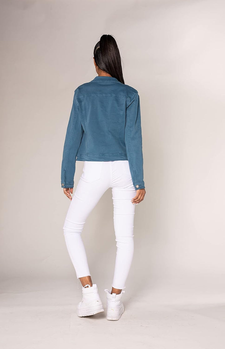 Nina Carter J212 Damen Slim-Fit Jeansjacke – Farbige Übergangsjacke mit Kent-Kragen und Taschen – Fr