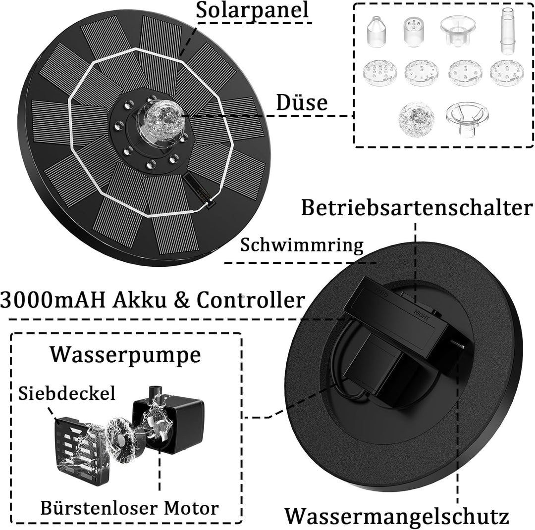 AISITIN LED Solar Springbrunnen für Aussen mit 3000mAh Akku, 3,5W Solar Schwimmender Fontäne Pumpe m