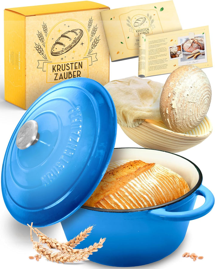 KRUSTENZAUBER Gusseisen Topf Brot Backen [inkl. Gärkorb] - Hochwertiger Emaille Topf 26cm - Idealer