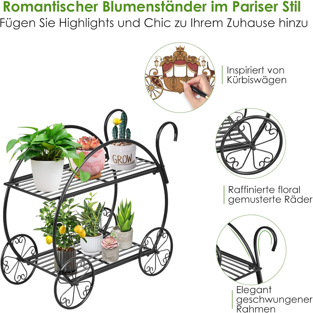 RELAX4LIFE Blumenregal 2-Stufig, Pflanzenständer Metall, Blumenständer mit Dekorativen Rollen, Blume