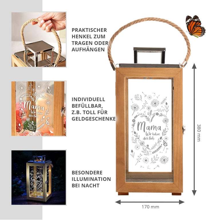 Casa Vivente Laterne aus Holz und Edelstahl mit Gravur für Mama, Ich Habe Dich lieb, Deko-Windlicht