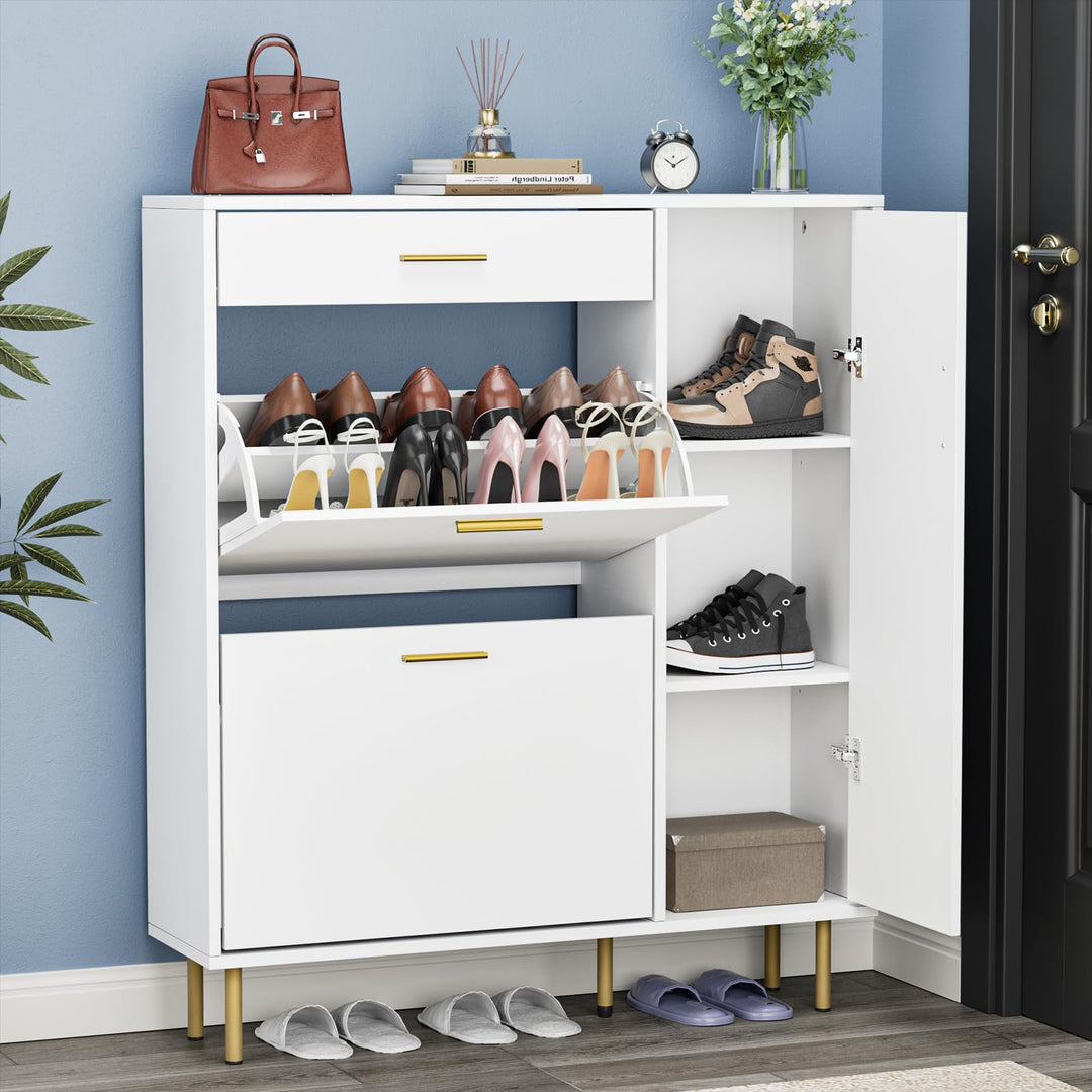 Schuhschränke Weiss Schuhkipper mit 2 Klappen, Schuhkommode Schuhregal mit 1 Schublade und 1 Tür, Sc