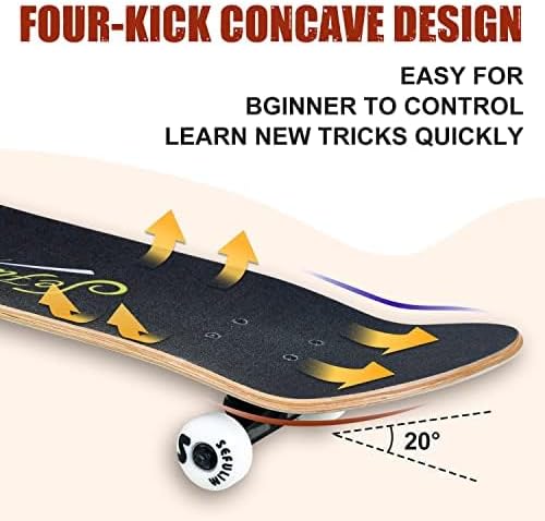 Sefulim 31 x 8 Zoll komplettes Skateboard 7-Schicht kanadischer Ahorn Double Kick Deck Concave Cruis