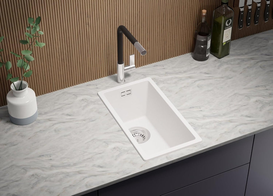 PRIMAGRAN Spülbecken Schwarz 26x47cm, Granitspüle 1 Becken + Ablauf-Set, Küchenspüle ab 30er Untersc