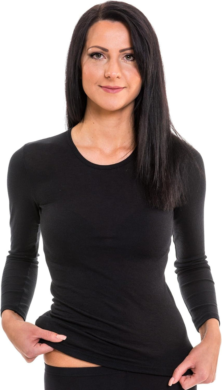 HERMKO 17830 2 Stück Damen Langarm Unterhemd, Shirt aus Baumwolle/Modal S Schwarz, S Schwarz