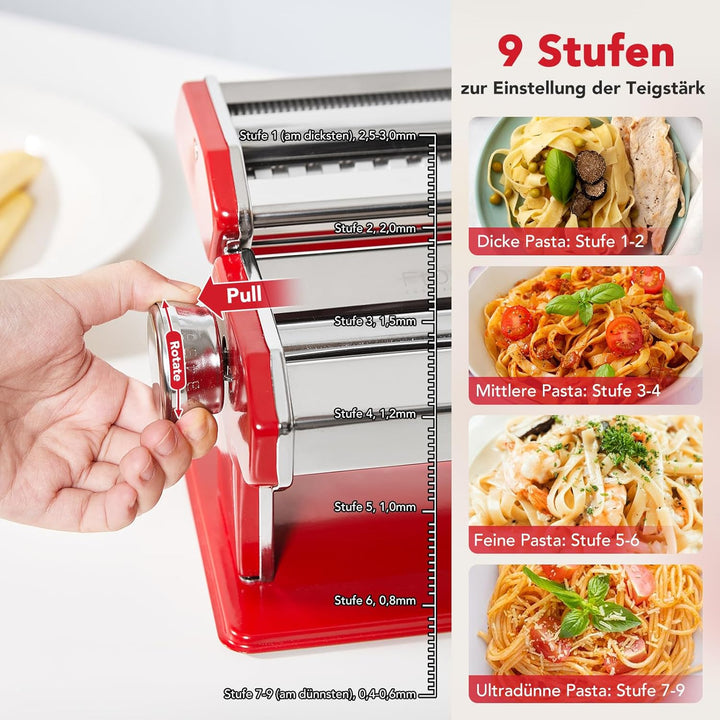 Pastamaschine aus Edelstahl, manuelle Nudelmaschine mit 9 Teigstärken & 2 Schnittbreiten für Spaghet
