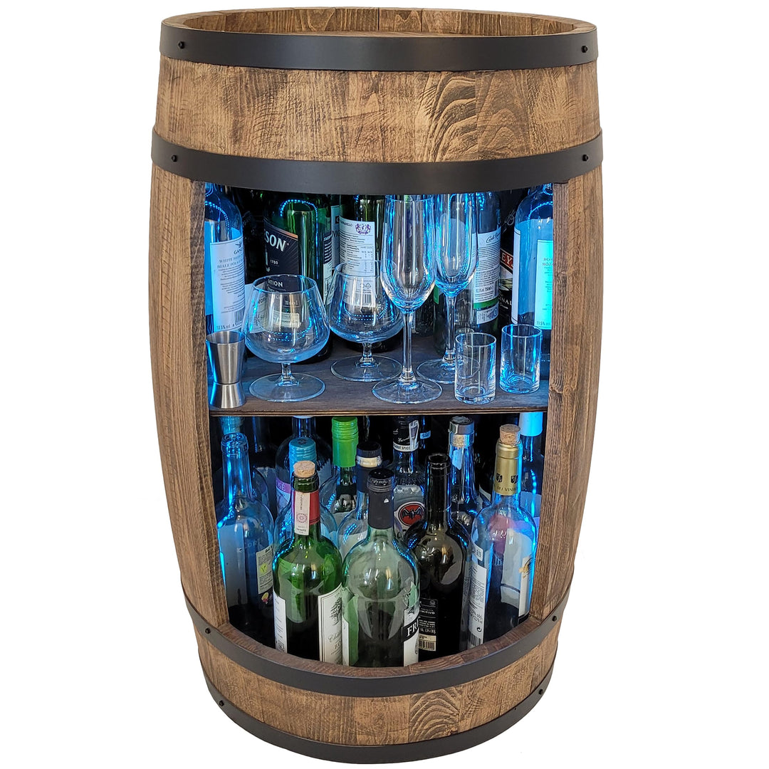 weeco Weinfass als Weinregal - Weinschrank Barschrank LED-Leuchten, Bar Tisch aus Holzfass, Wein Rac