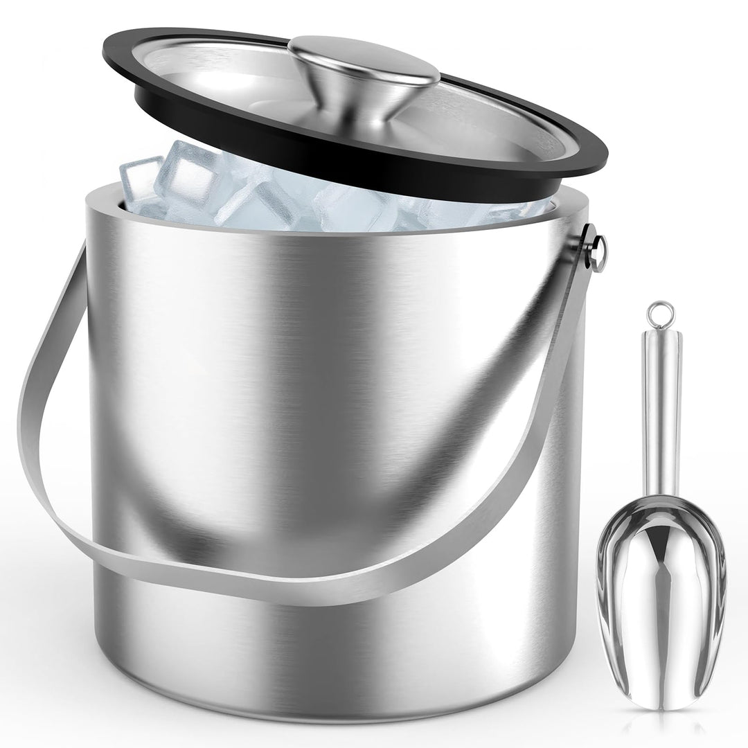 3L Eiswürfelbehälter mit Deckel, Schaufel & Zangen, Doppelwandig Edelstahl Isolierung Eiswürfel Behä
