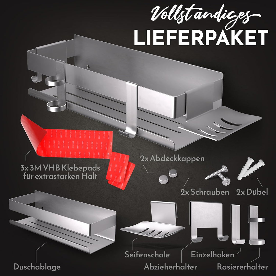 HENAL Duschablage Set 5 in 1, Edelstahl-Duschablage matt gebürstet ohne Bohren, Duschregal inklusive