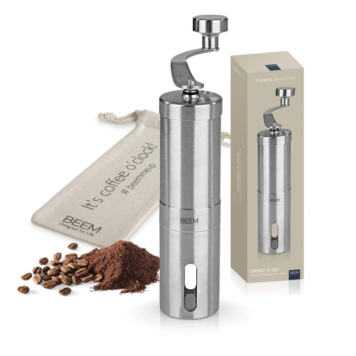 BEEM GRIND-2-GO Manuelle Kaffeemühle – 40 g | Kegelmahlwerk | Mahlgrad-Einstellung stufenlos | Baumw