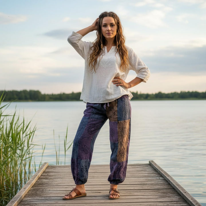 GURU SHOP Aladinhose, Patchwork, Unikat Pluderhose, Hose, Lila, Baumwolle, Size:L/XL (42)