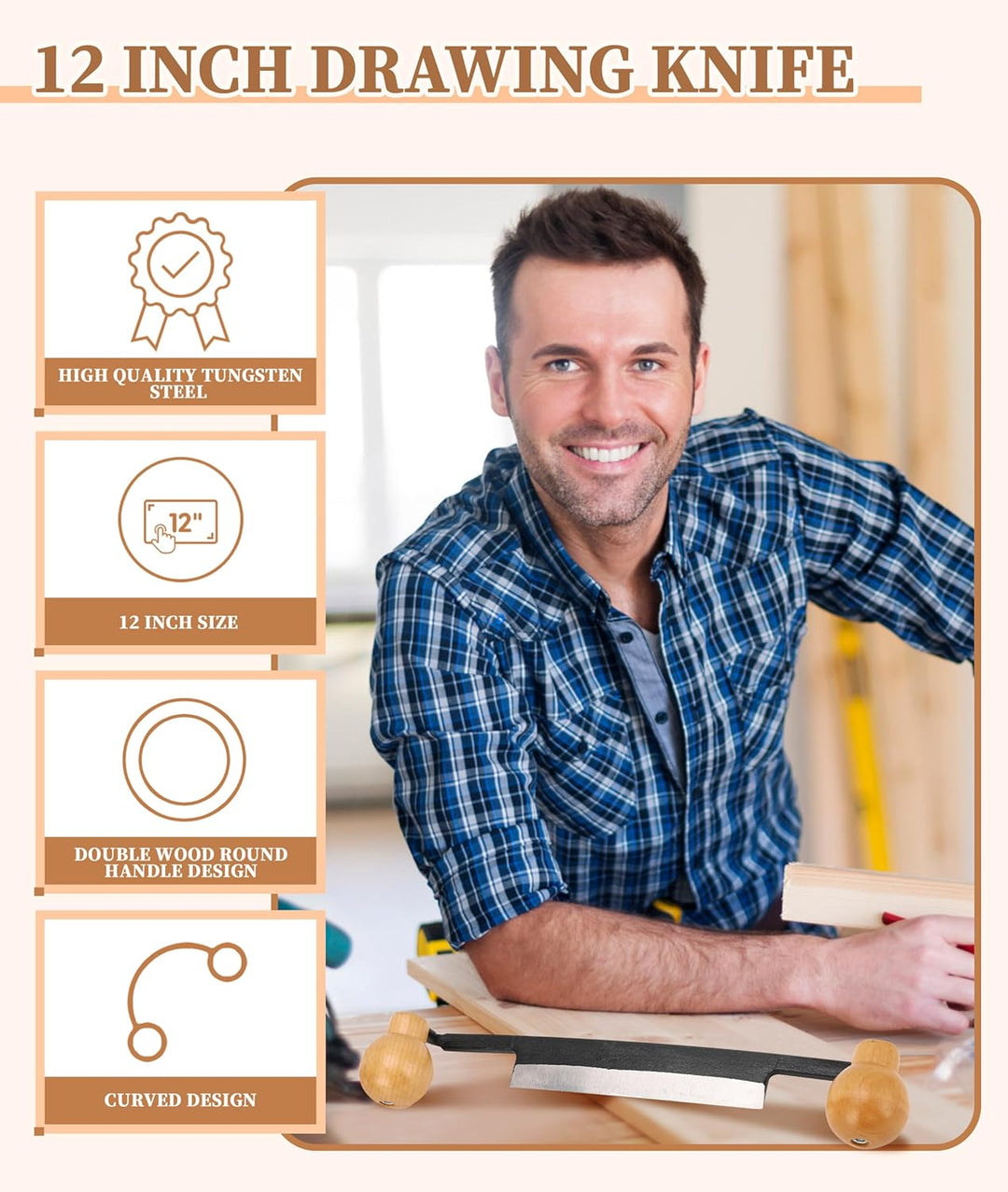 Gugxiom 12-Zoll-Ziehmesser, Doppelter rutschfester Holzgriff, gekrümmte Holzziehklinge, griffiges, a