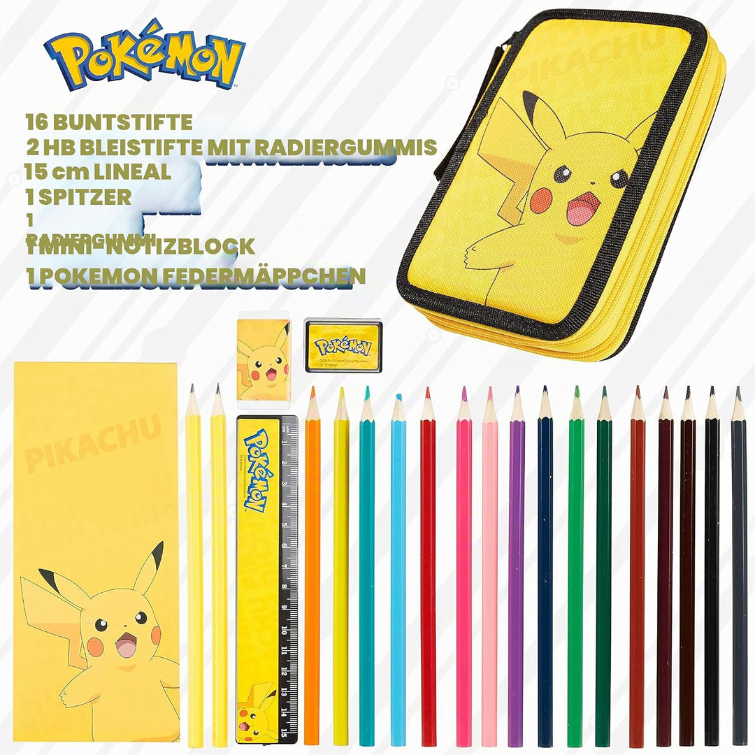 Pokemon Federmäppchen Gross, Gefüllte Federmappe Jungen mit Schreibwaren Set - Pikachu Geschenke für